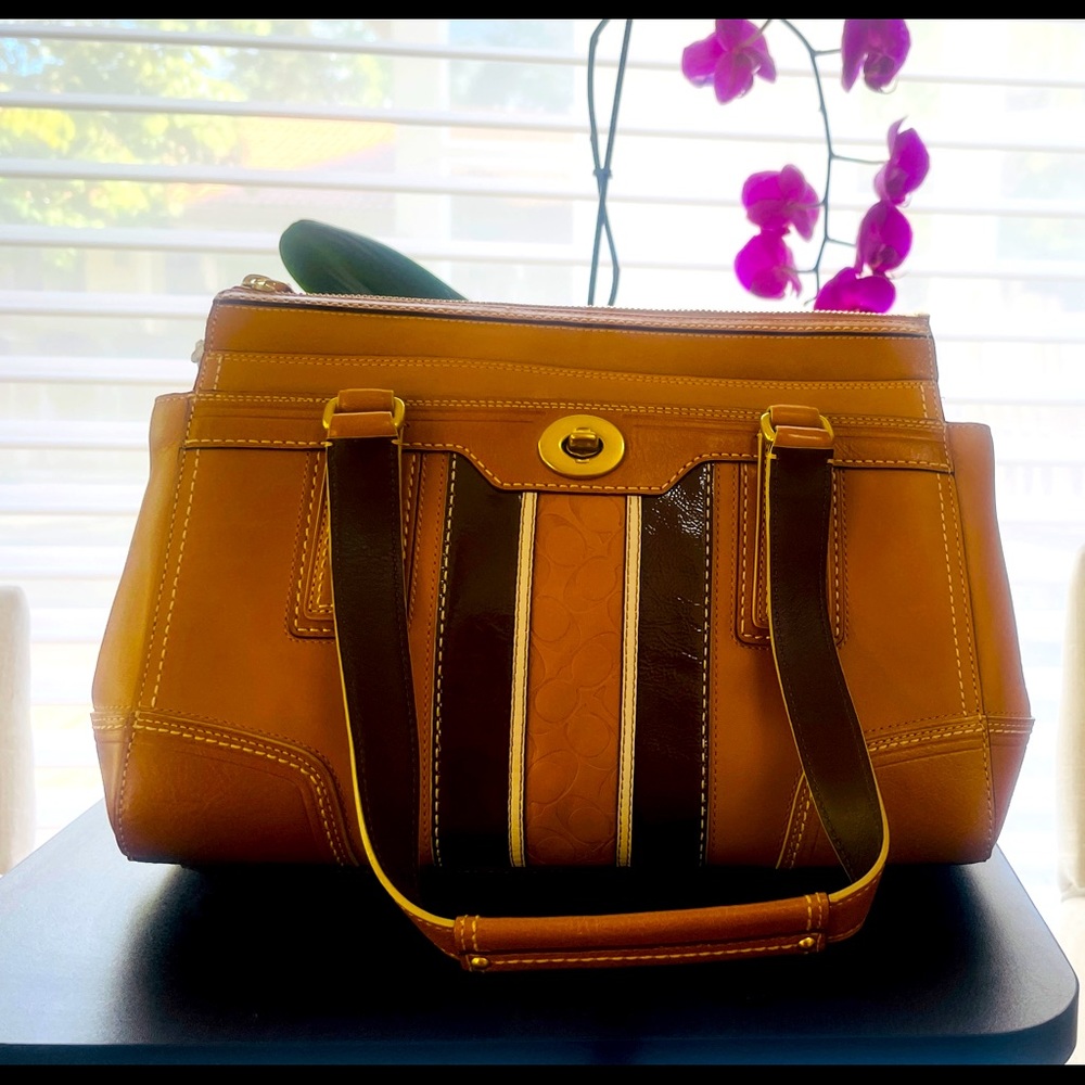 Coach “Hampton” embossed all leather brown carry all satchel